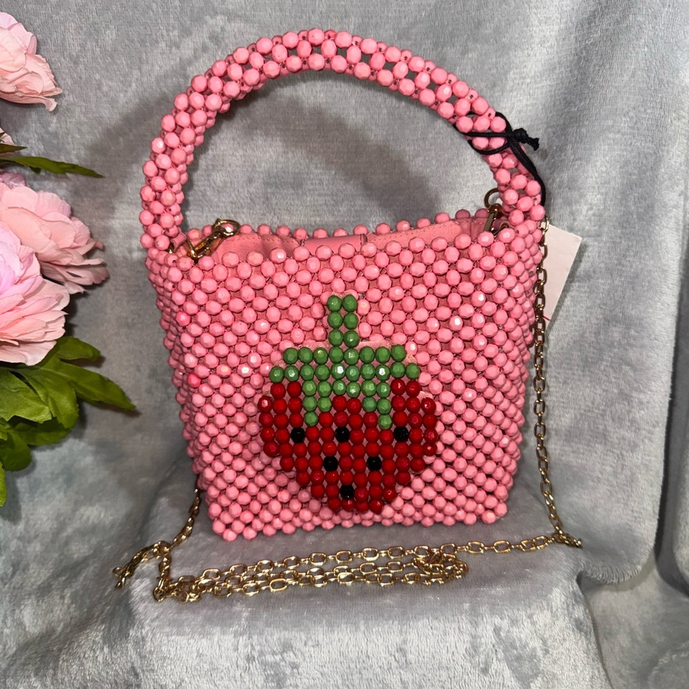 Bouffants & Broken Hearts Pink Beaded Strawberry Crossbody Bag